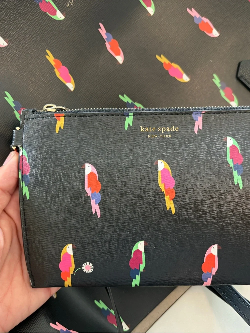kate spade Black Tote with Multicolor Parrot Print